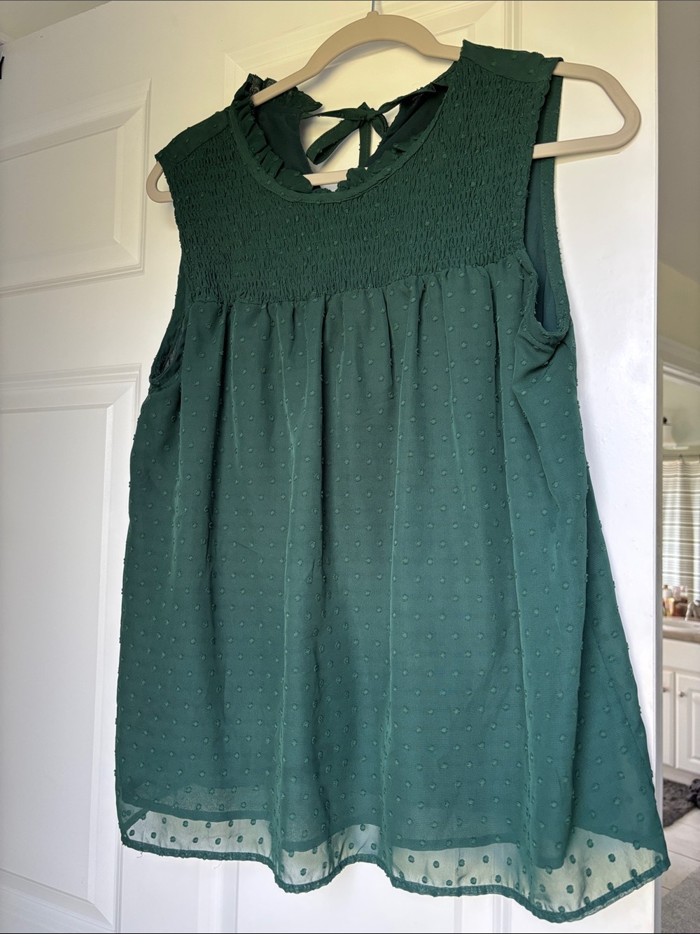 Women’s Sleeveless Swiss Dot Smocked Yoke Top - Forest Green